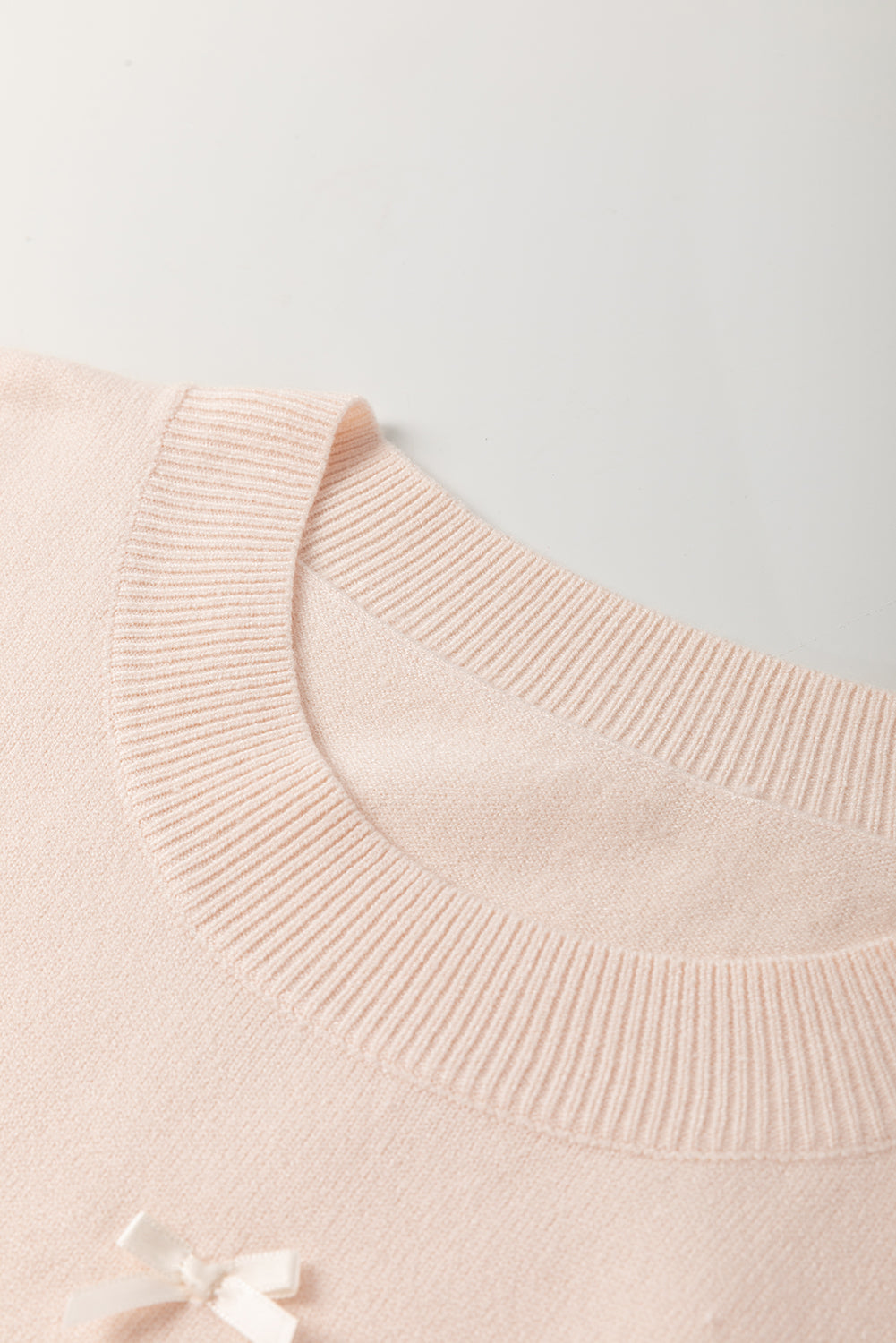 Oatmeal Pearl Bow Short Sleeve Sweater