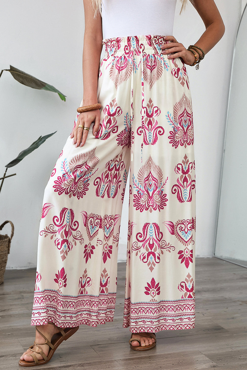 Rose Boho Printed Wide Leg Pants