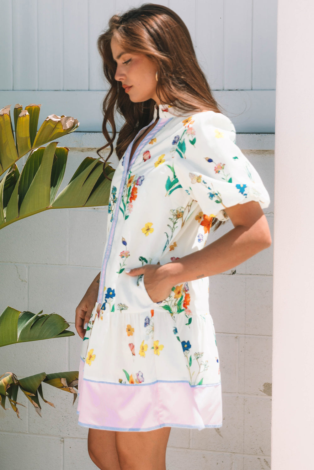 White Floral Print Short Puff Sleeve Dress