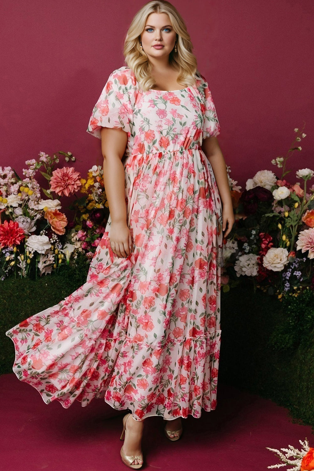 Pink Floral Ruffle Maxi Dress