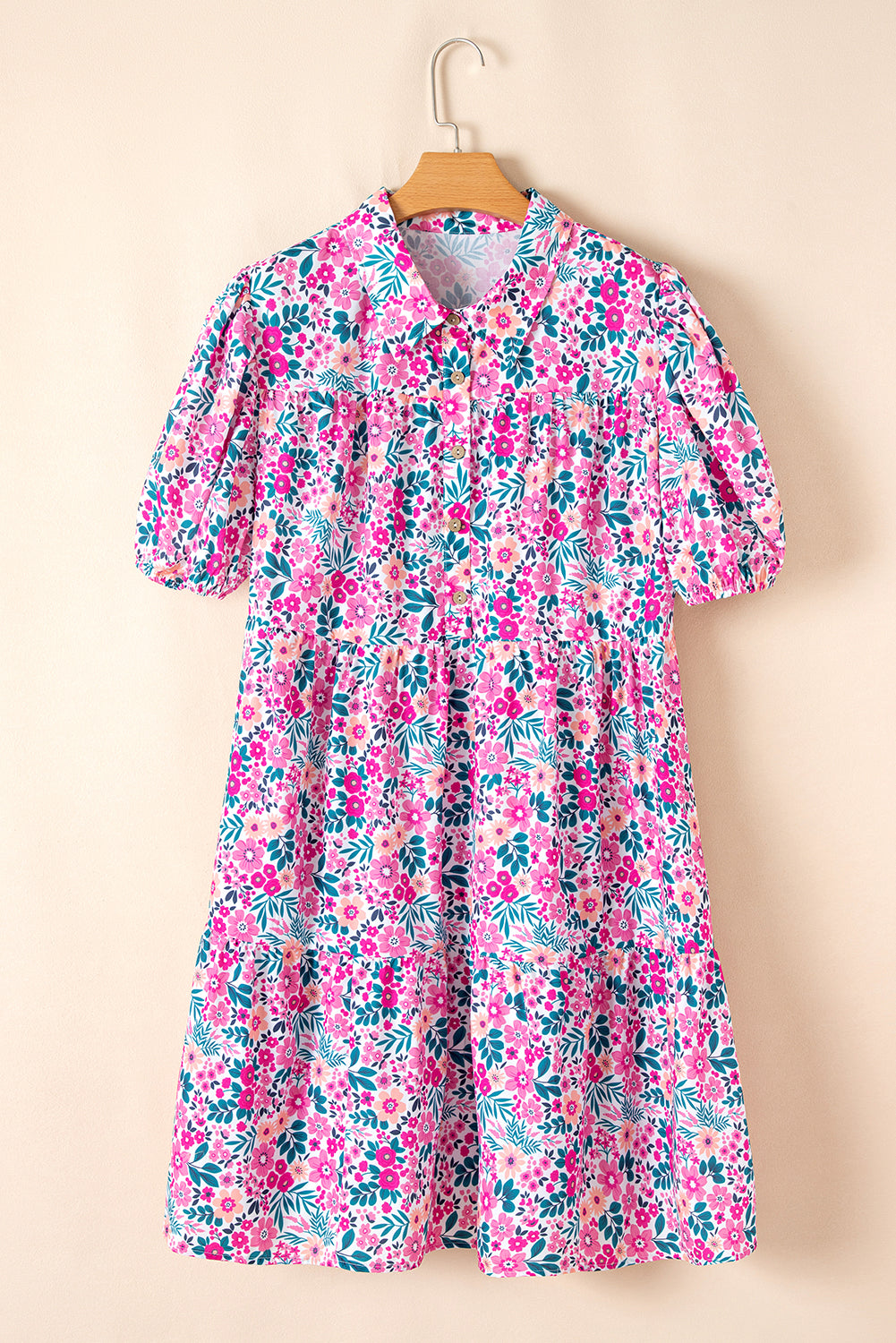 Pink Floral Short Puff Sleeve Dress