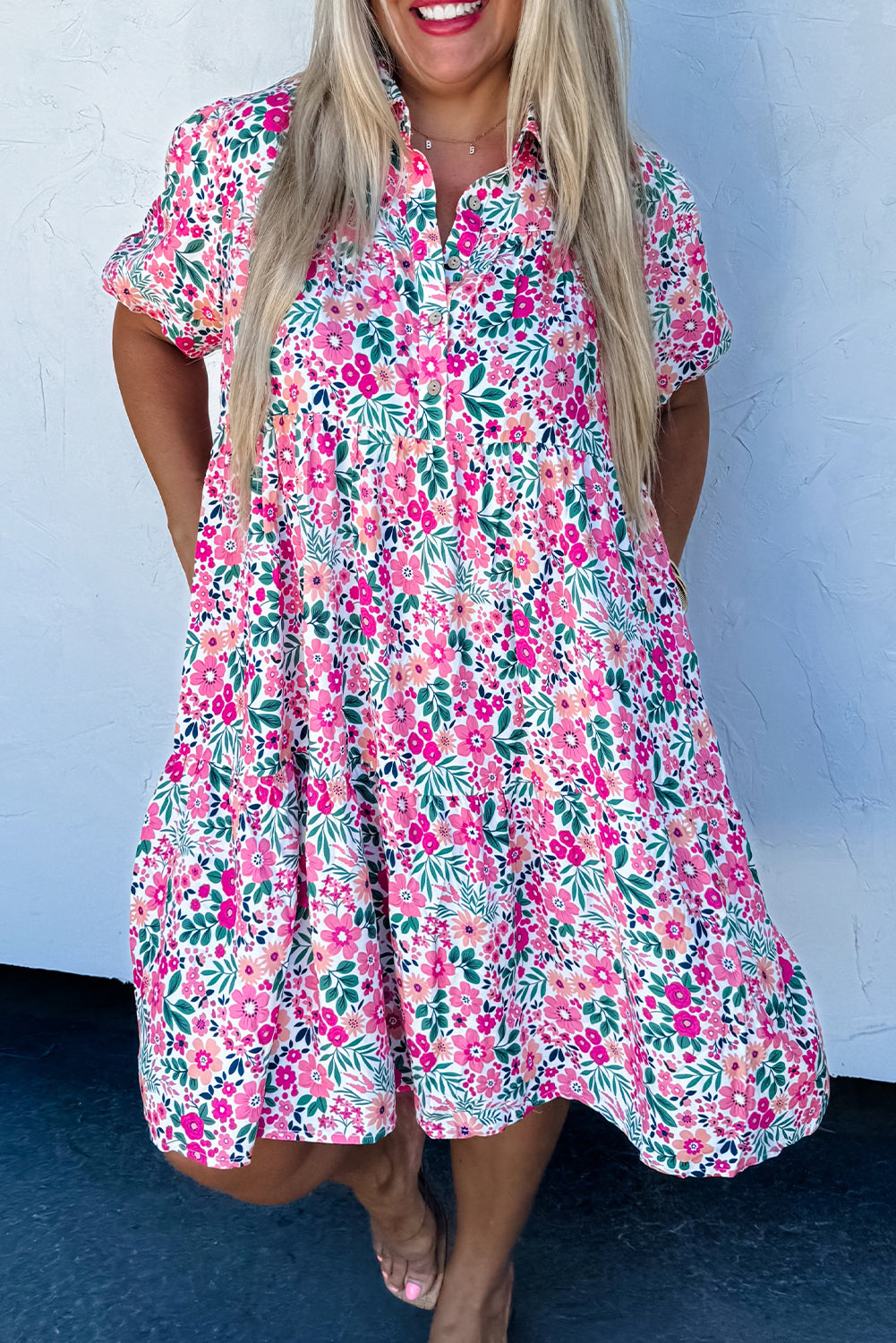 Pink Floral Short Puff Sleeve Dress