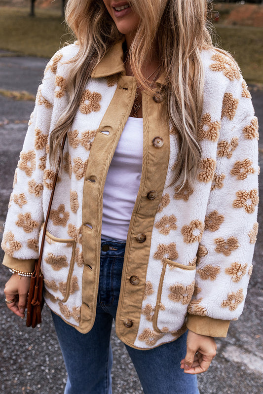 Beige Flower Button Up Fleece Jacket