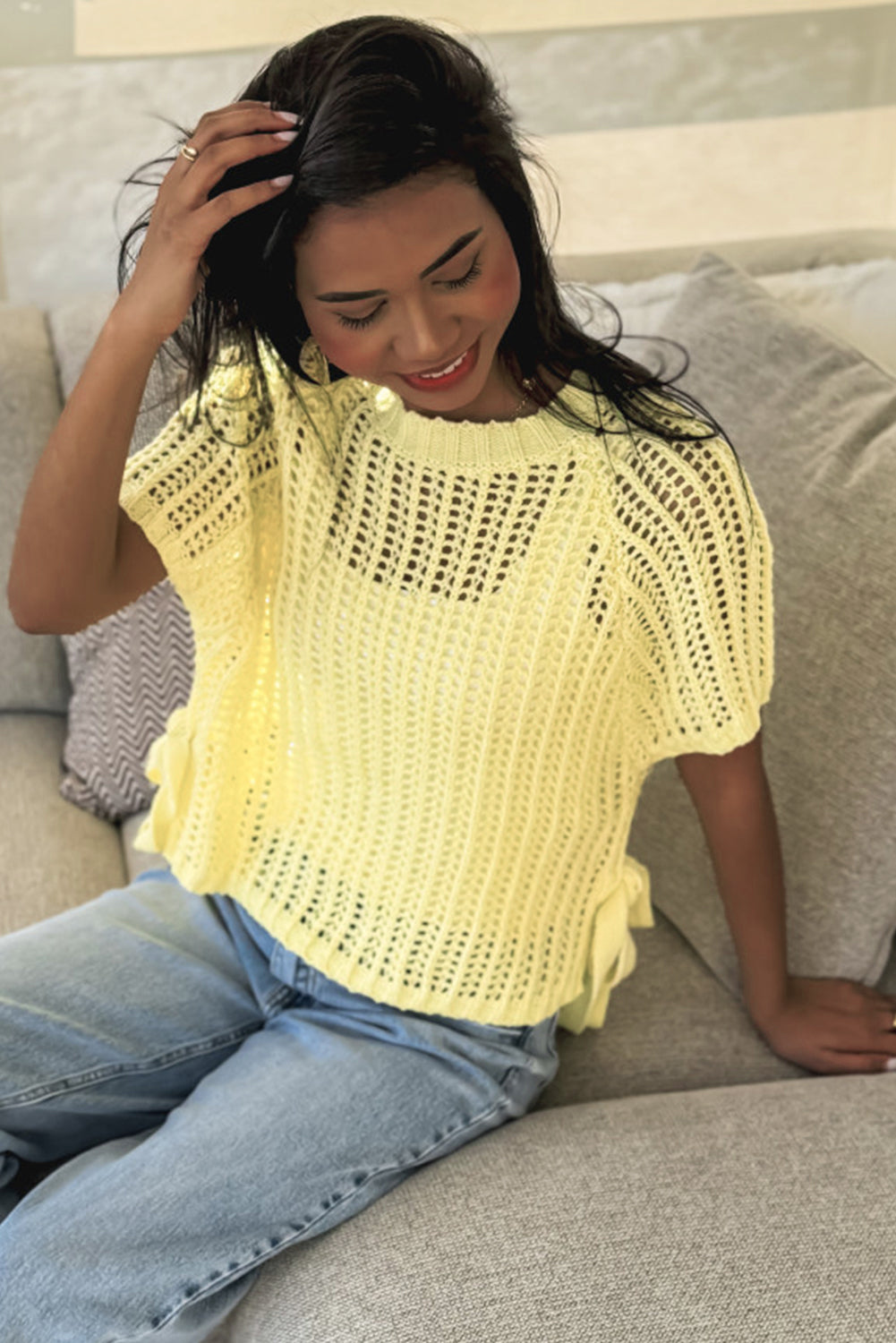 Yellow Cream Crochet Sweater Top