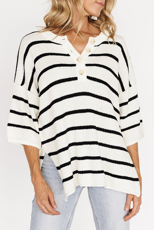 White Stripe Henley Sweater Tee