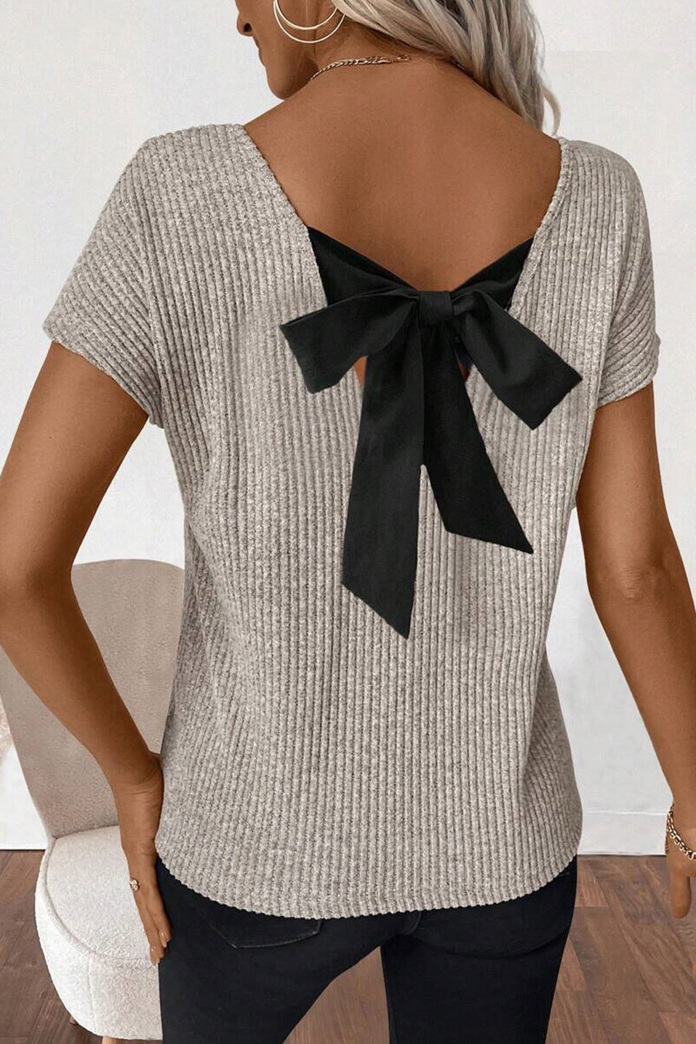 Gray Ribbed Bow Back Top