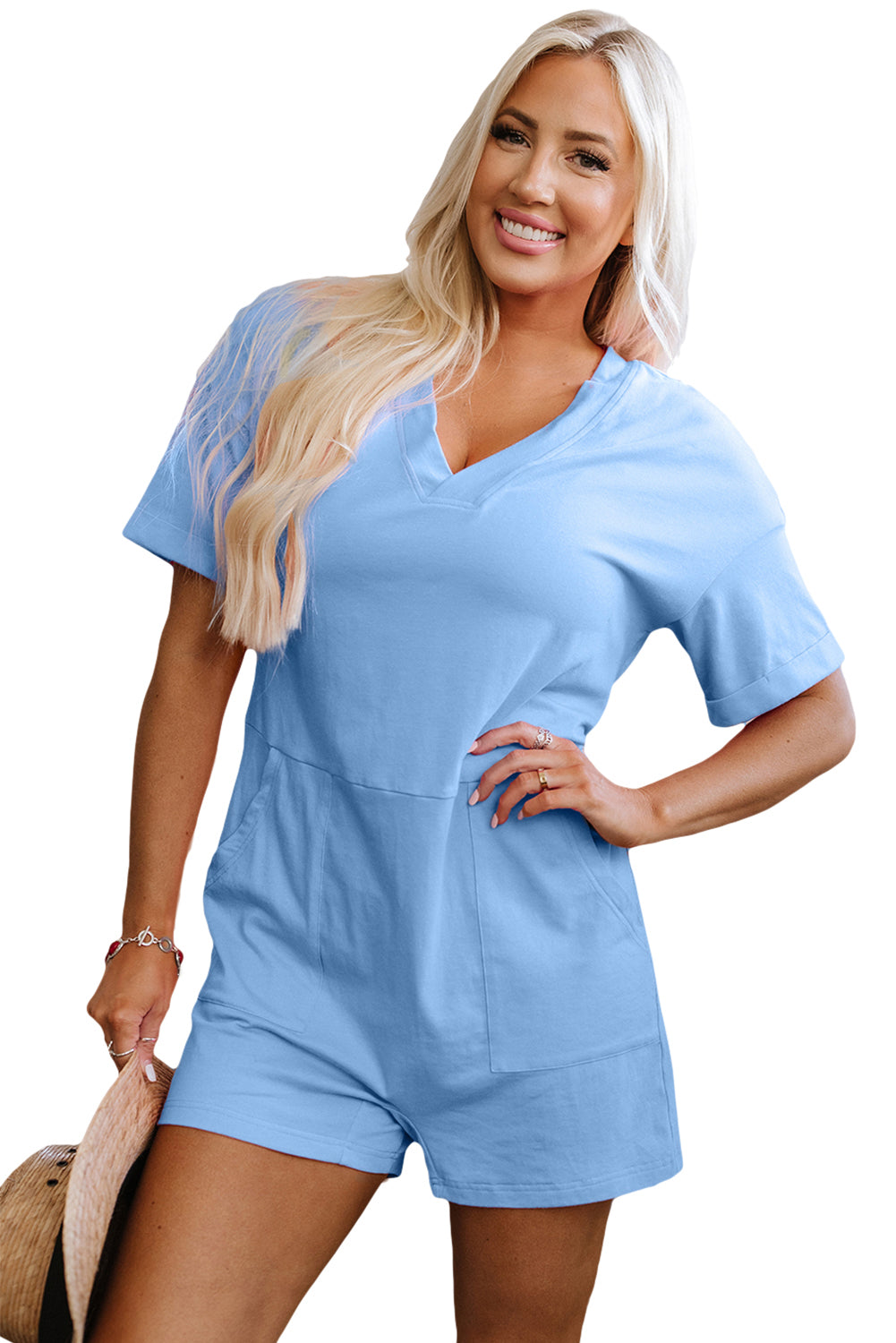 Blue Loose Half Sleeve Romper