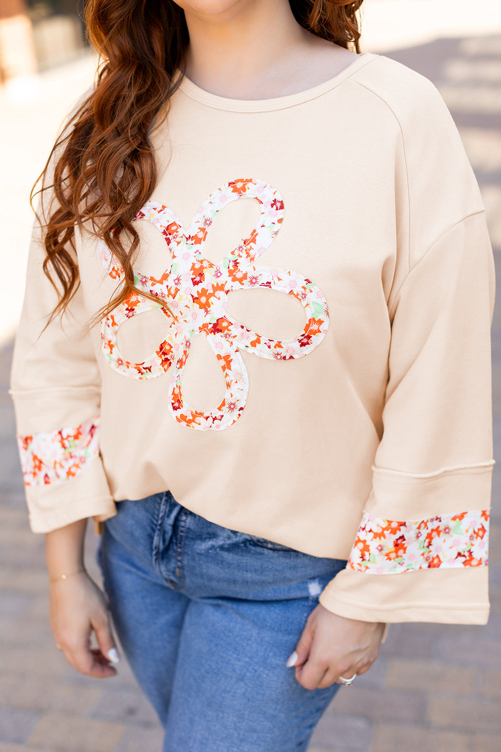 Beige Flower Crewneck Top