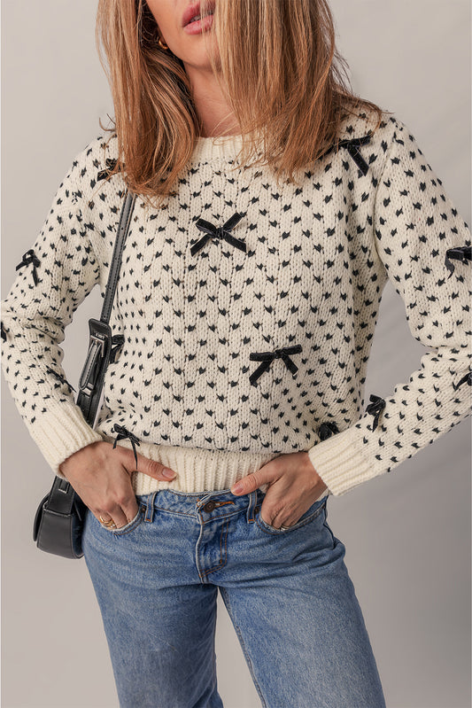 Beige Bow Crew Neck Sweater