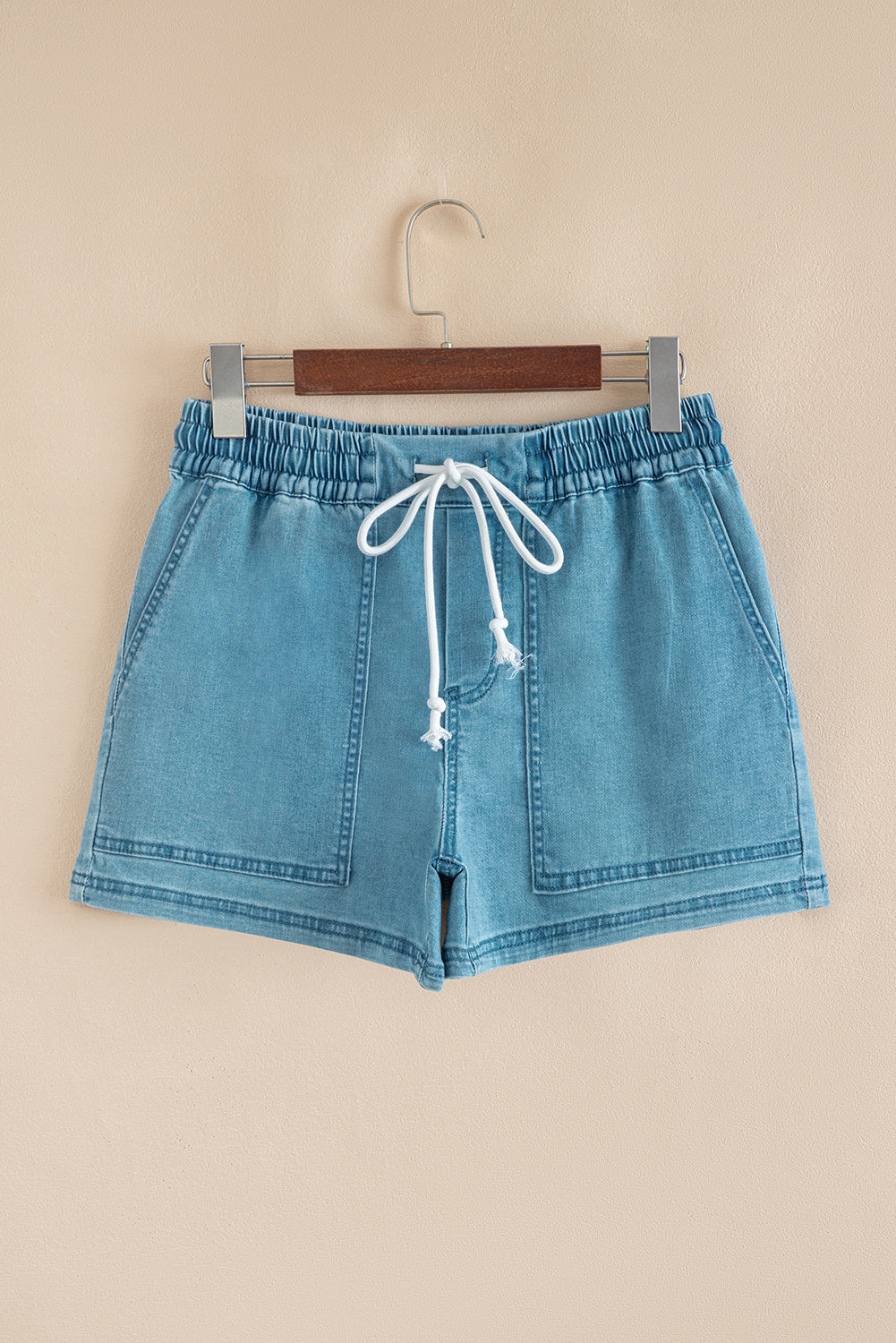Blue Contrast Drawstring Elastic Waist Denim Shorts