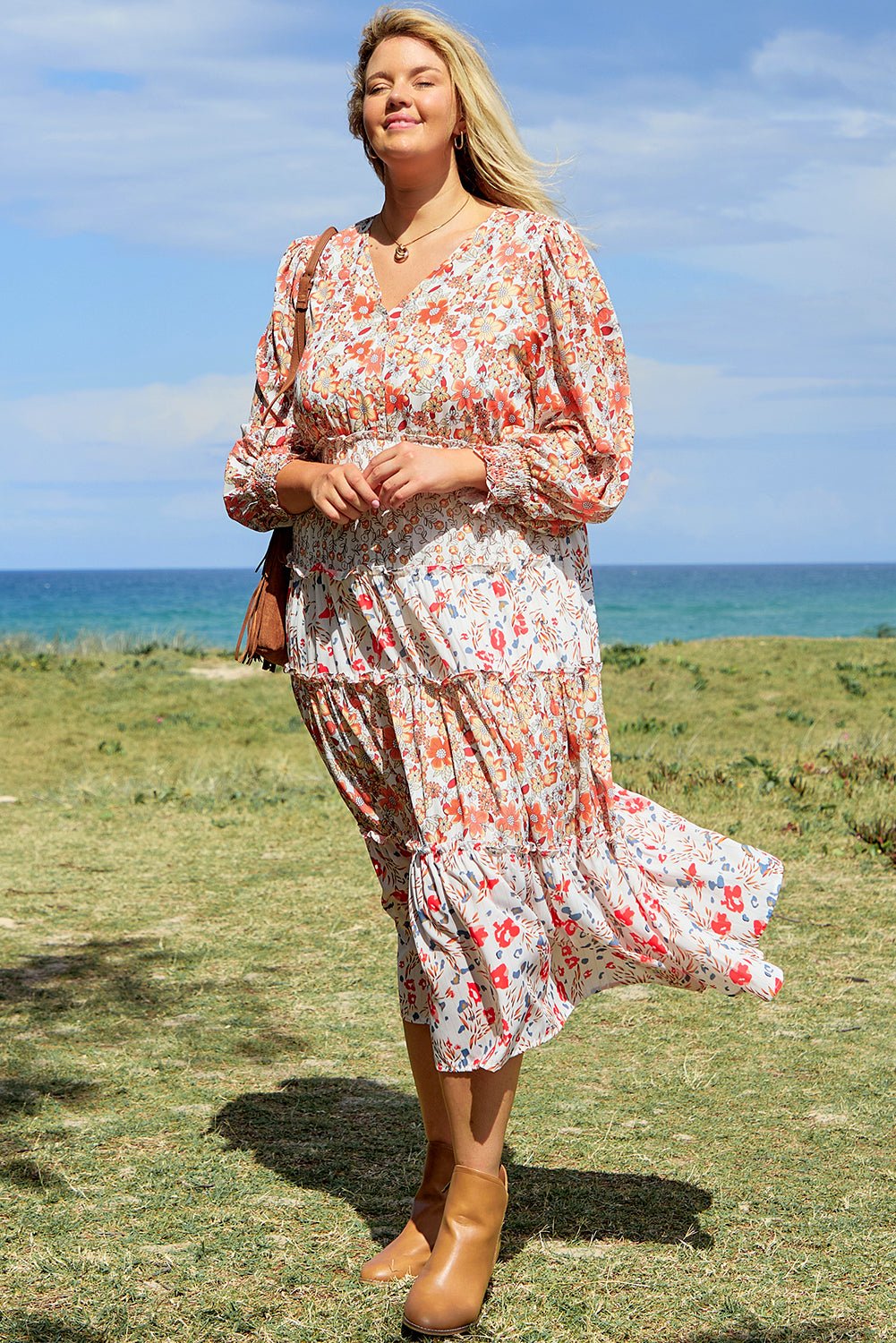 Khaki Floral Tiered Ruffle Maxi Dress