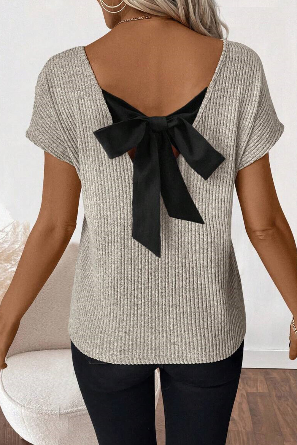 Gray Ribbed Bow Back Top