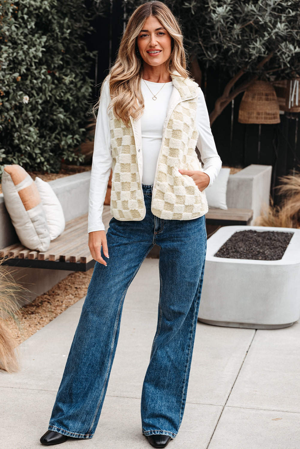 Khaki Sherpa Vest Jacket With Pocket