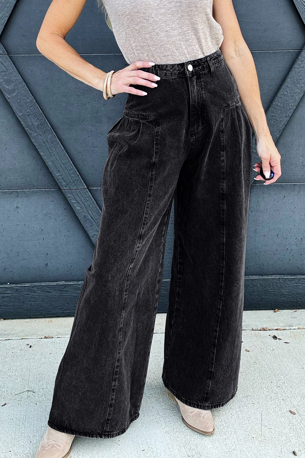 Dark Grey Pleated Wide Leg Denim Pants
