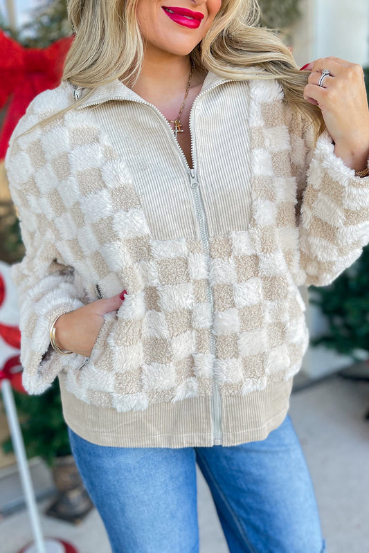 Khaki Checker Sherpa Jacket