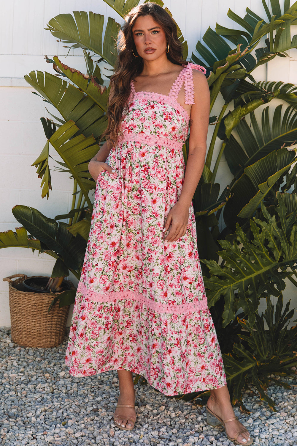 Pink Floral Lace Maxi Dress