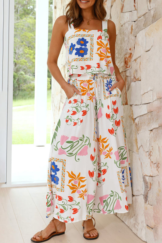 White Colorful Wide Leg Pants Set