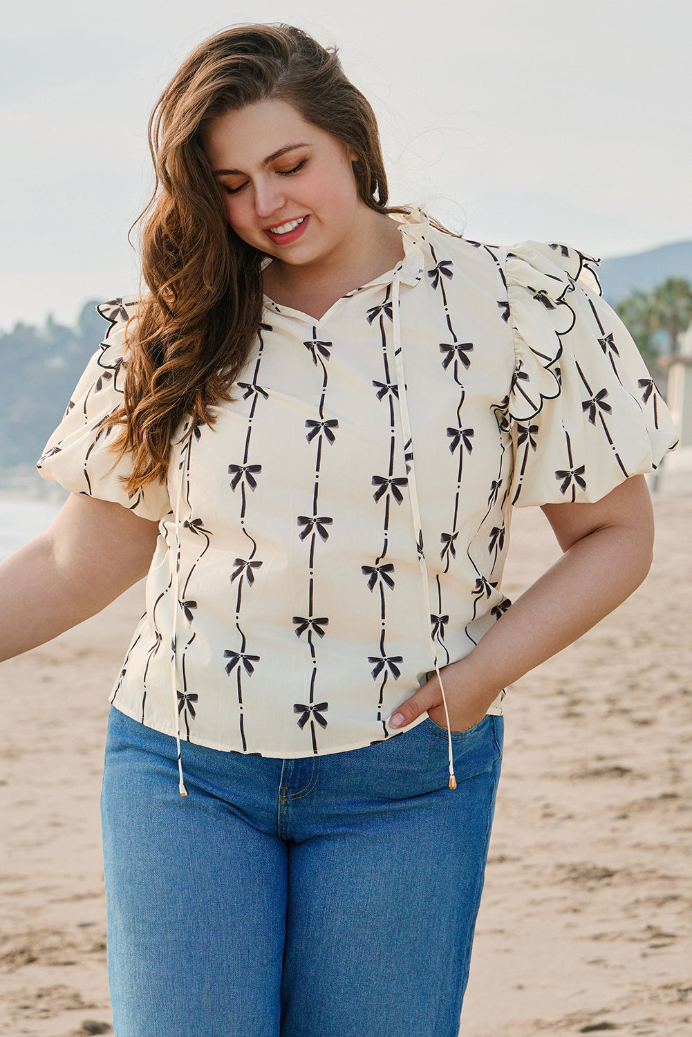 Apricot Bow Print Blouse
