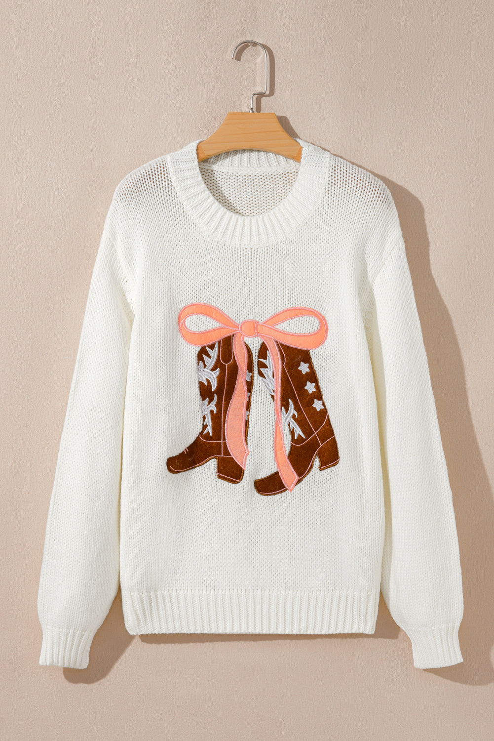 White Embroidered Bow Boots Sweater