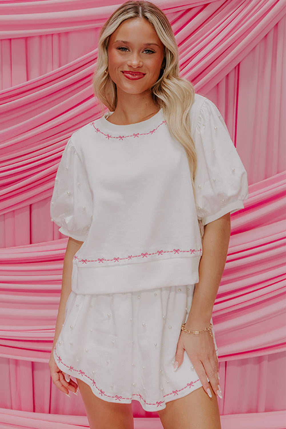 White Pearl Sleeve Blouse and Skort Set