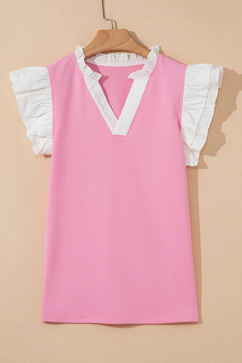 Pink V Neck Ruffled Knit Top