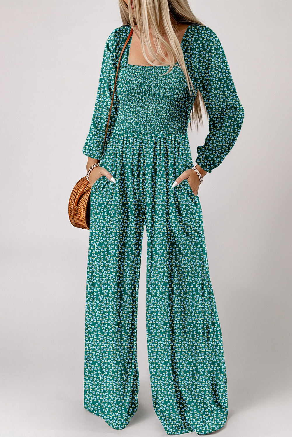 Green Floral Print Western Wide Leg Jumpsuit