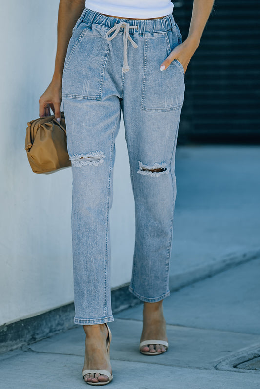 Blue Distressed Pocketed Denim Jogger