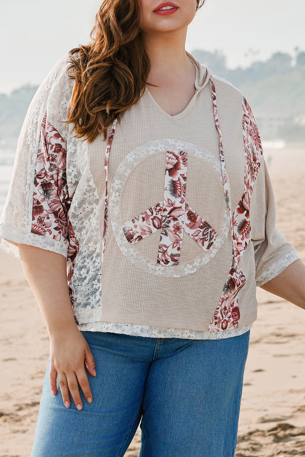 Khaki Floral Peace Sign Hooded Top