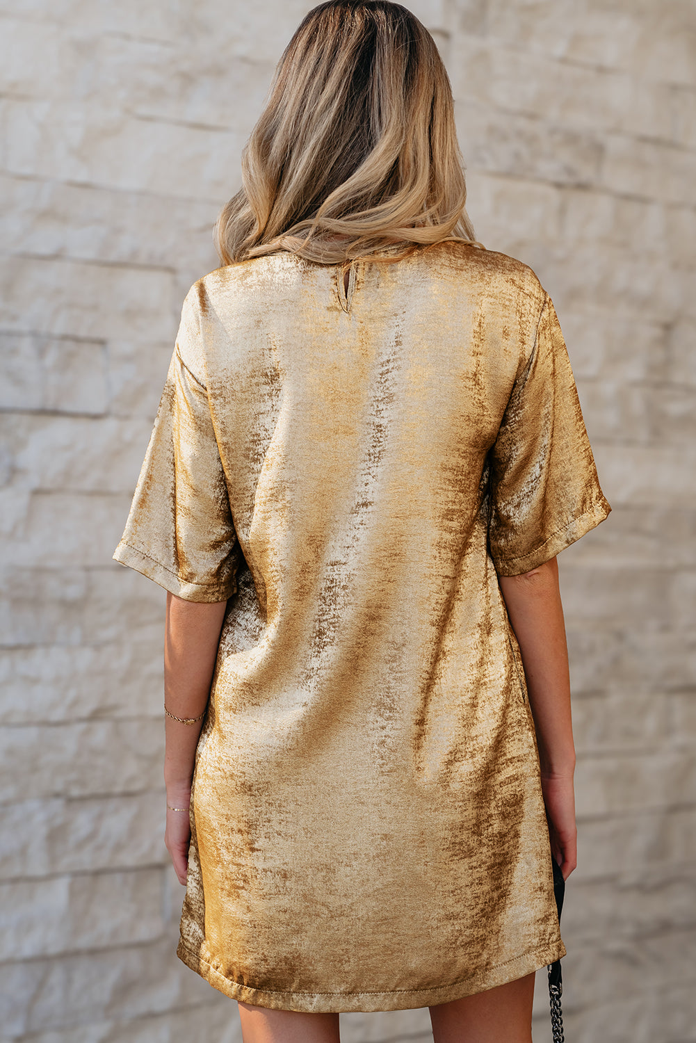 Gold Metallic Crewneck Mini T-Shirt Dress