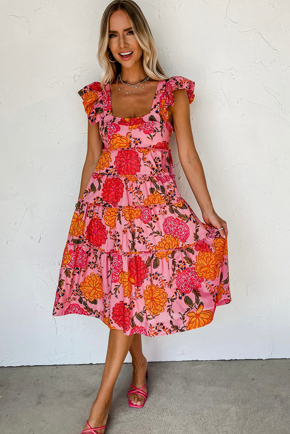 Pink Floral Square Midi Dress
