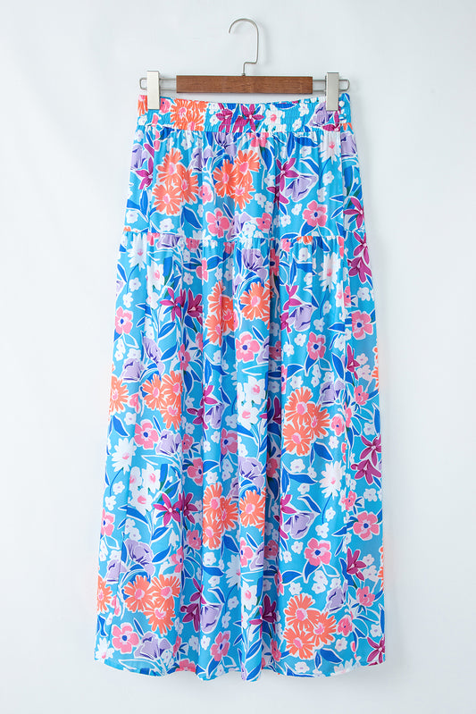 Sky Blue Floral Wrap Long Skirt