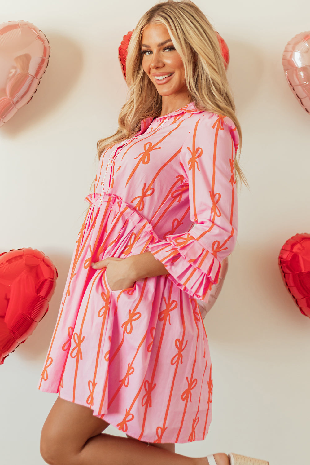 Pink Bowknot Mini Shirt Dress