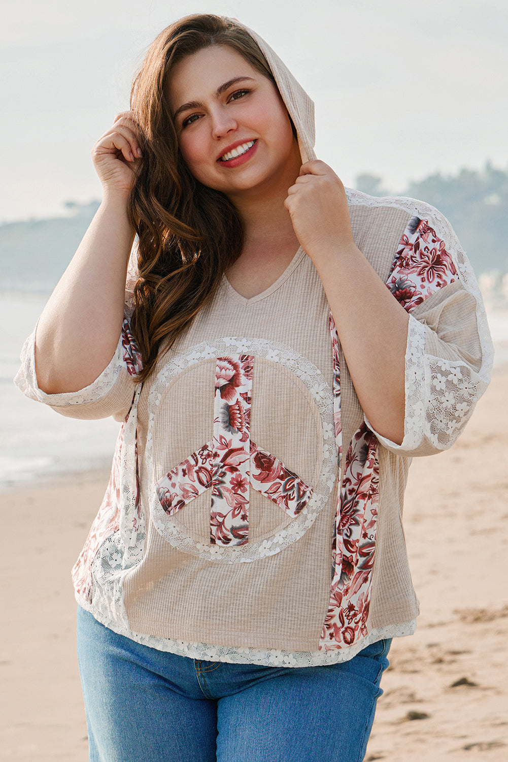 Khaki Floral Peace Sign Hooded Top