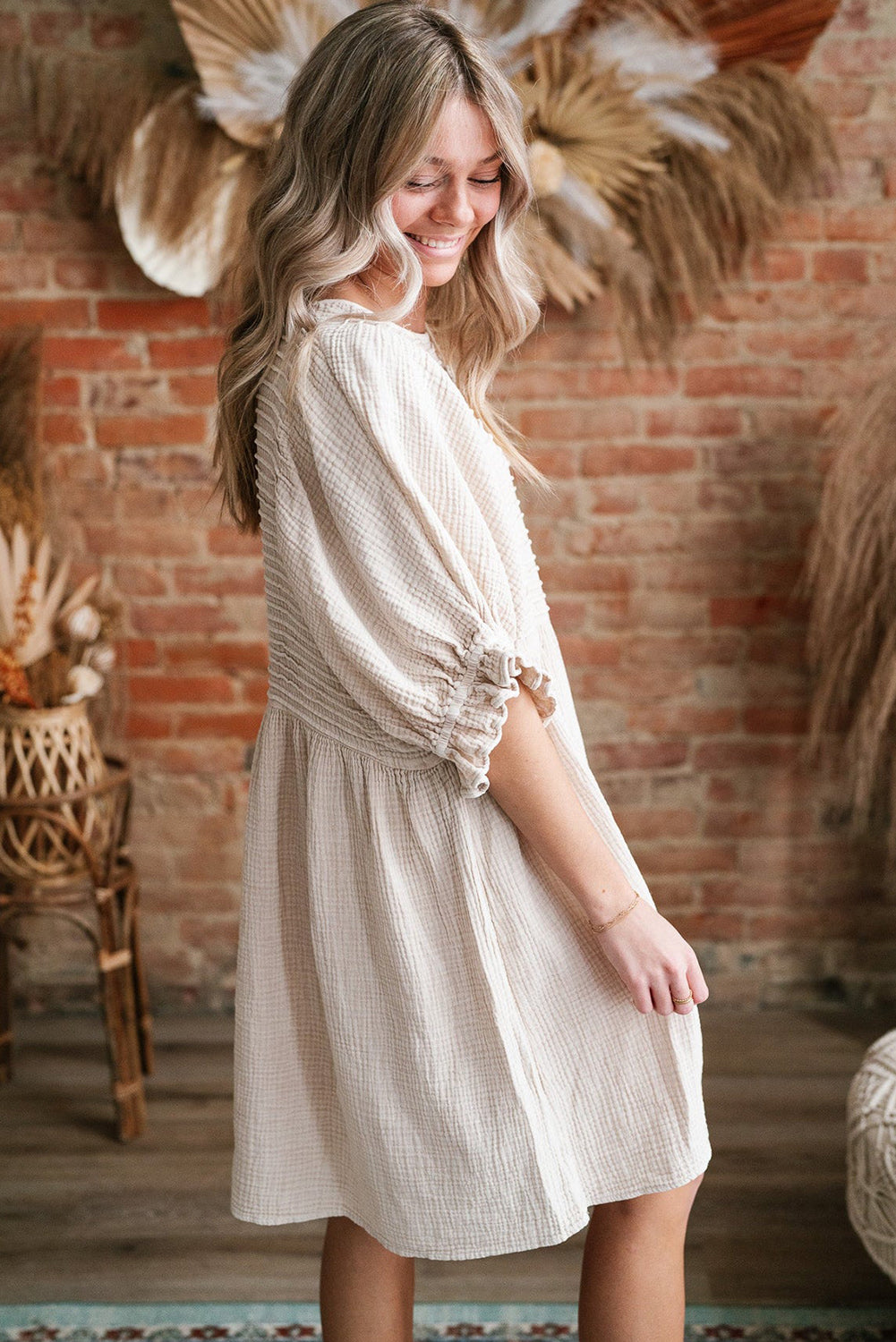 White Textured Ruffled Dress