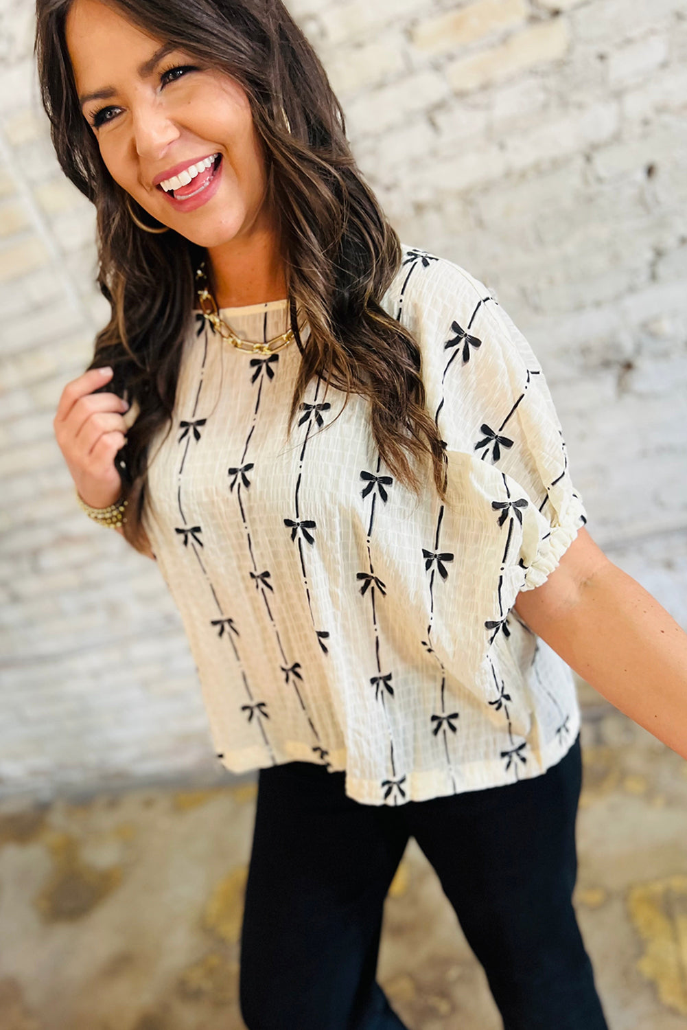 Beige Bow Print Top