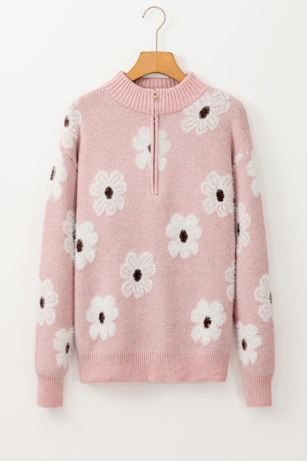 Pink Floral Pattern Half Zip Sweater