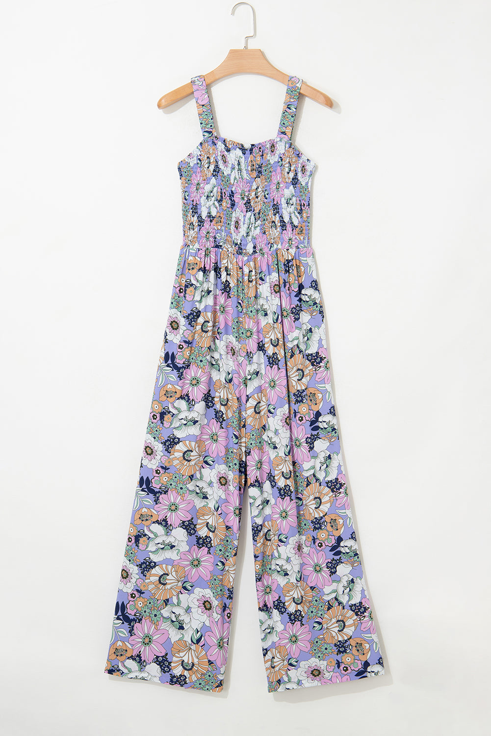 Purple Floral Print Smocked Jumpsuit