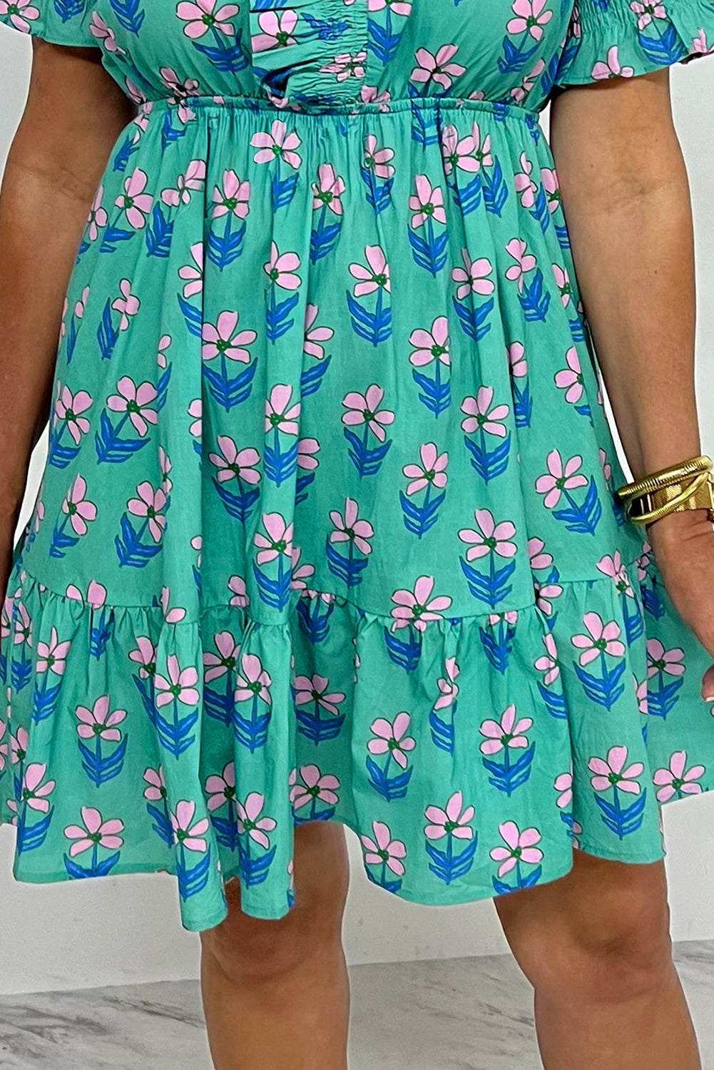 Green Floral Print High Waist Mini Dress