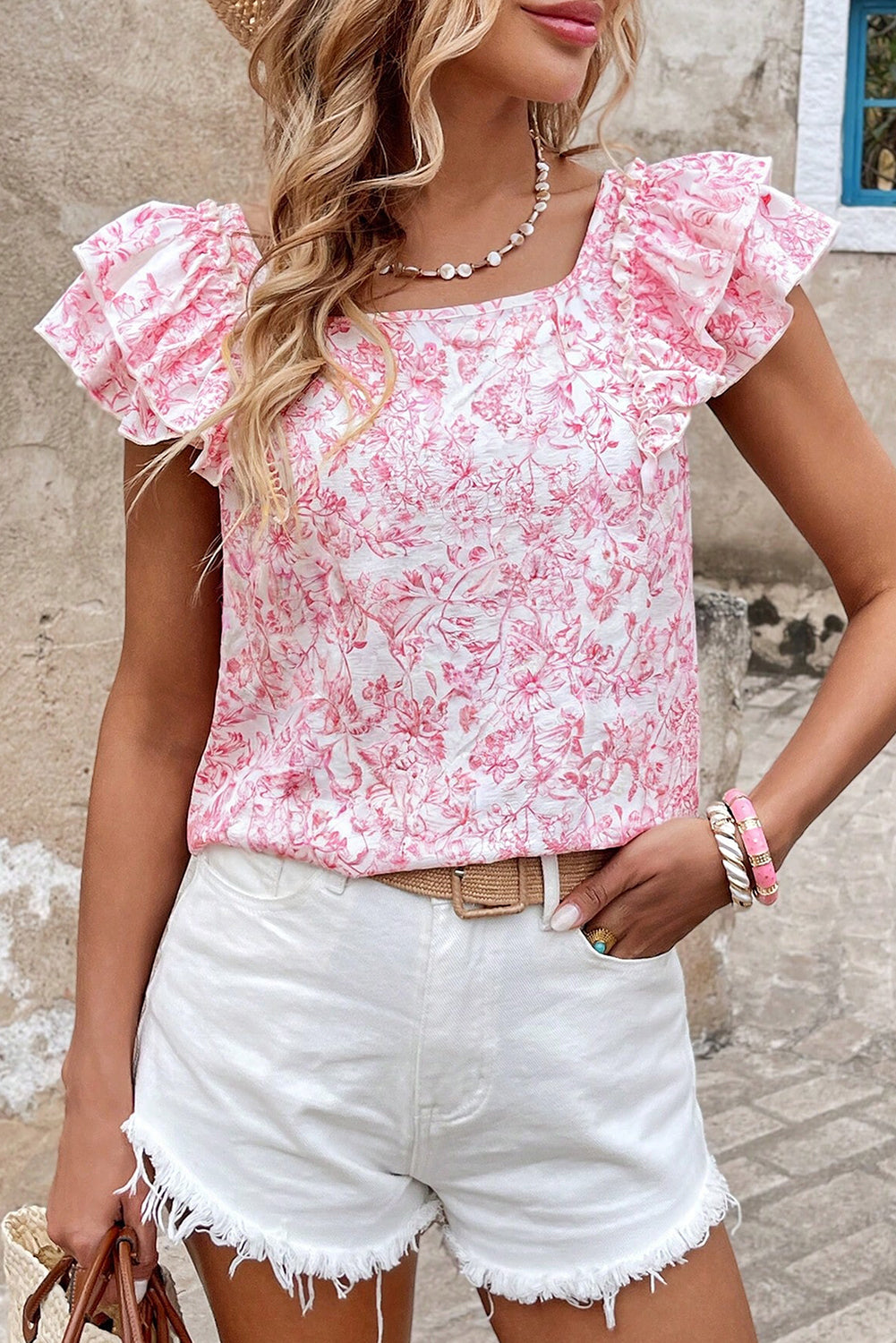 Pink Floral Ruffled Blouse