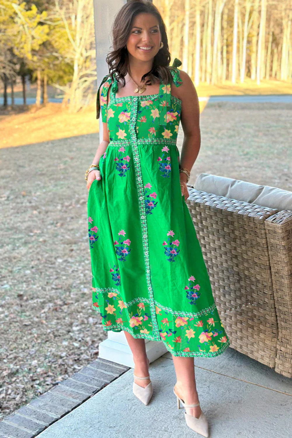 Green Floral Print Midi Dress
