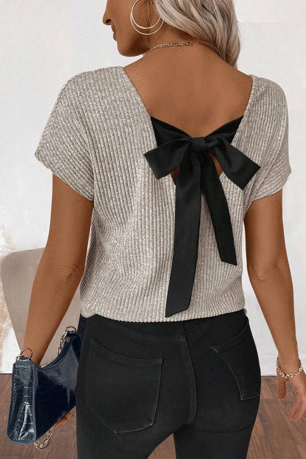 Gray Ribbed Bow Back Top