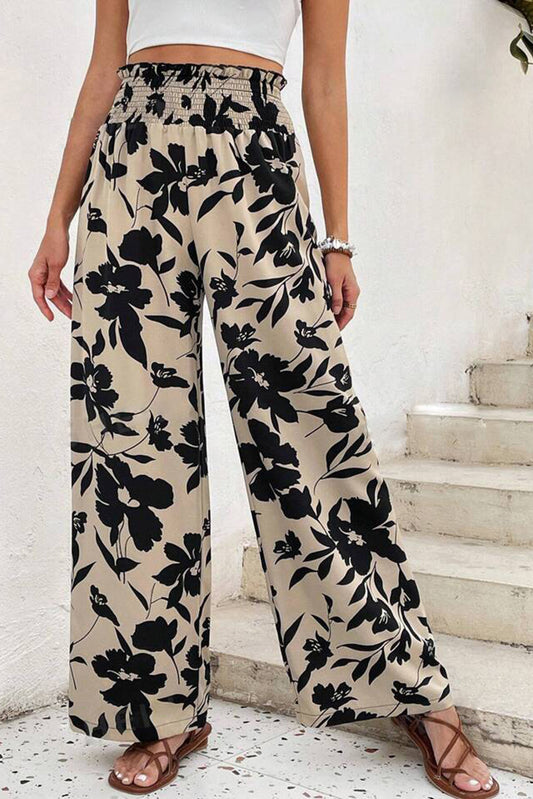 Khaki Floral Print Wide Leg Pants