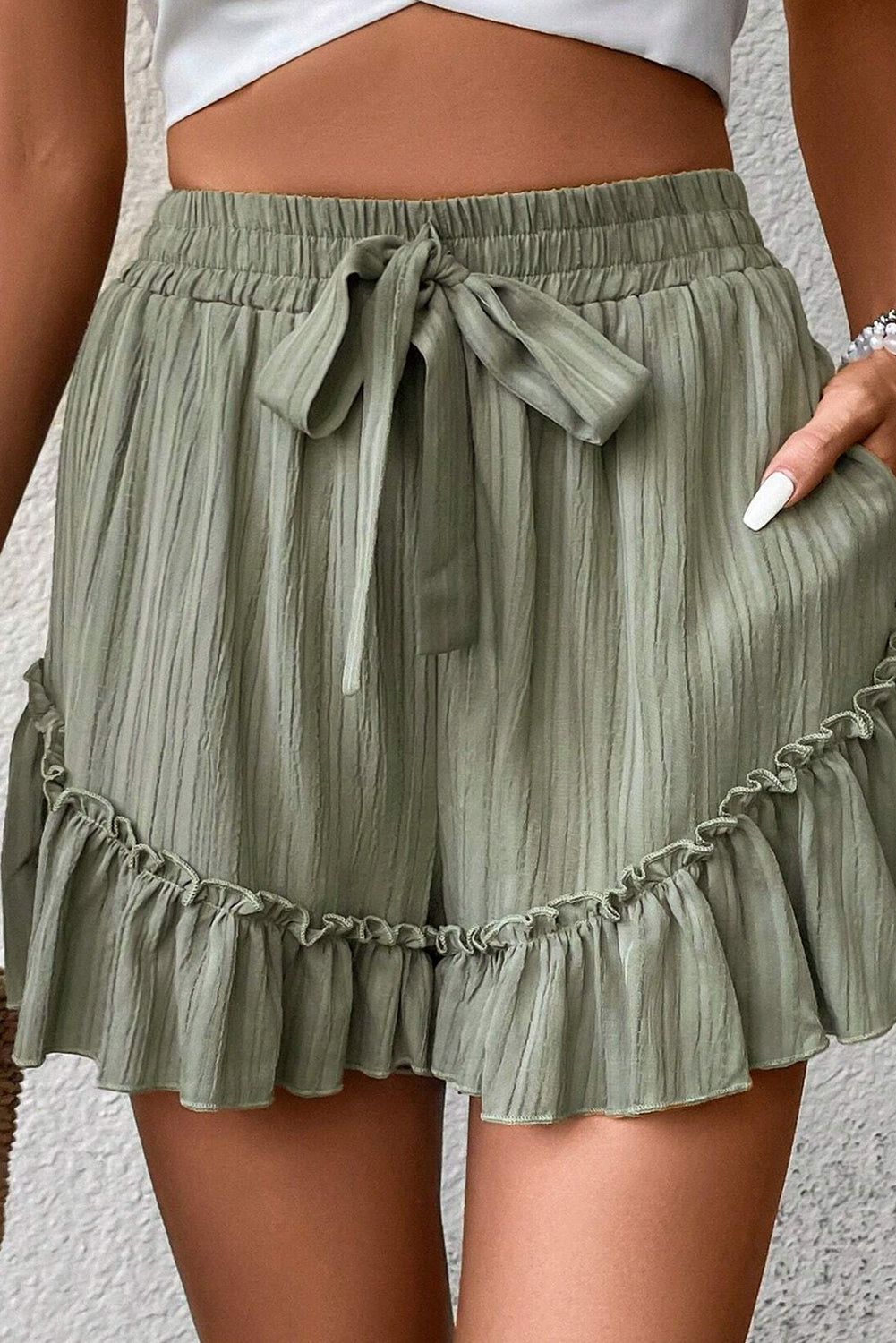 Green Textured Tie Waist Ruffle Shorts