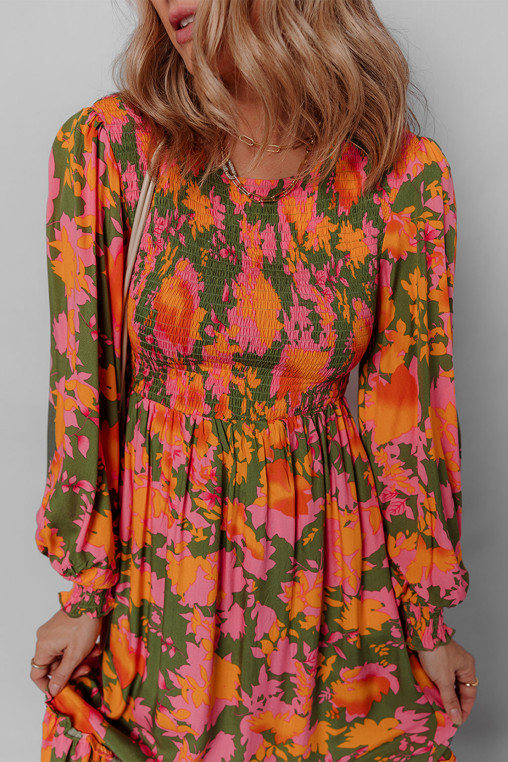 Orange Floral Puff Sleeve Dress