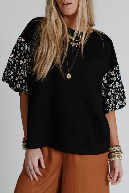 Black Floral Puff Oversized Top