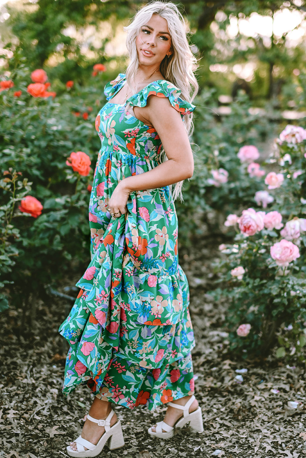 Green Floral Print Maxi Dress