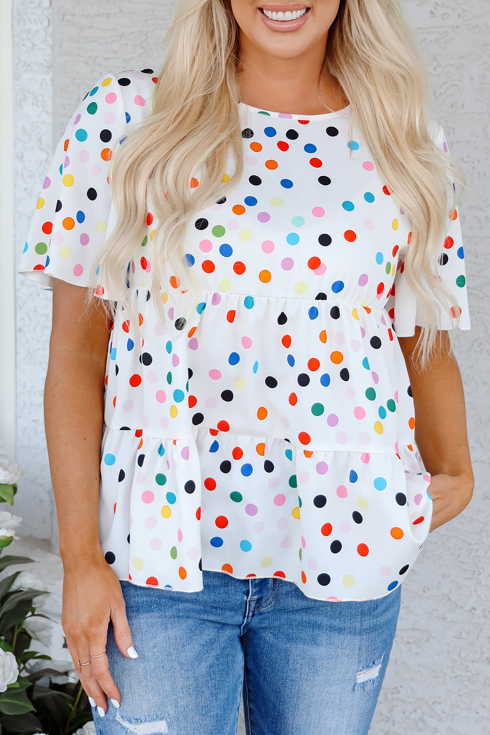 White Colorful Polka Dot Babydoll Blouse