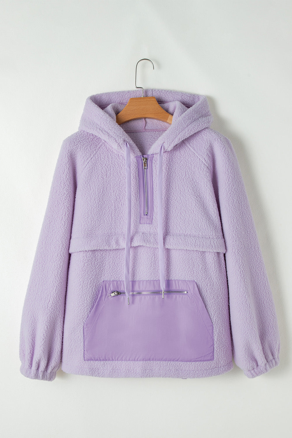Lavender Zipped Fuzzy Drawstring Hoodie