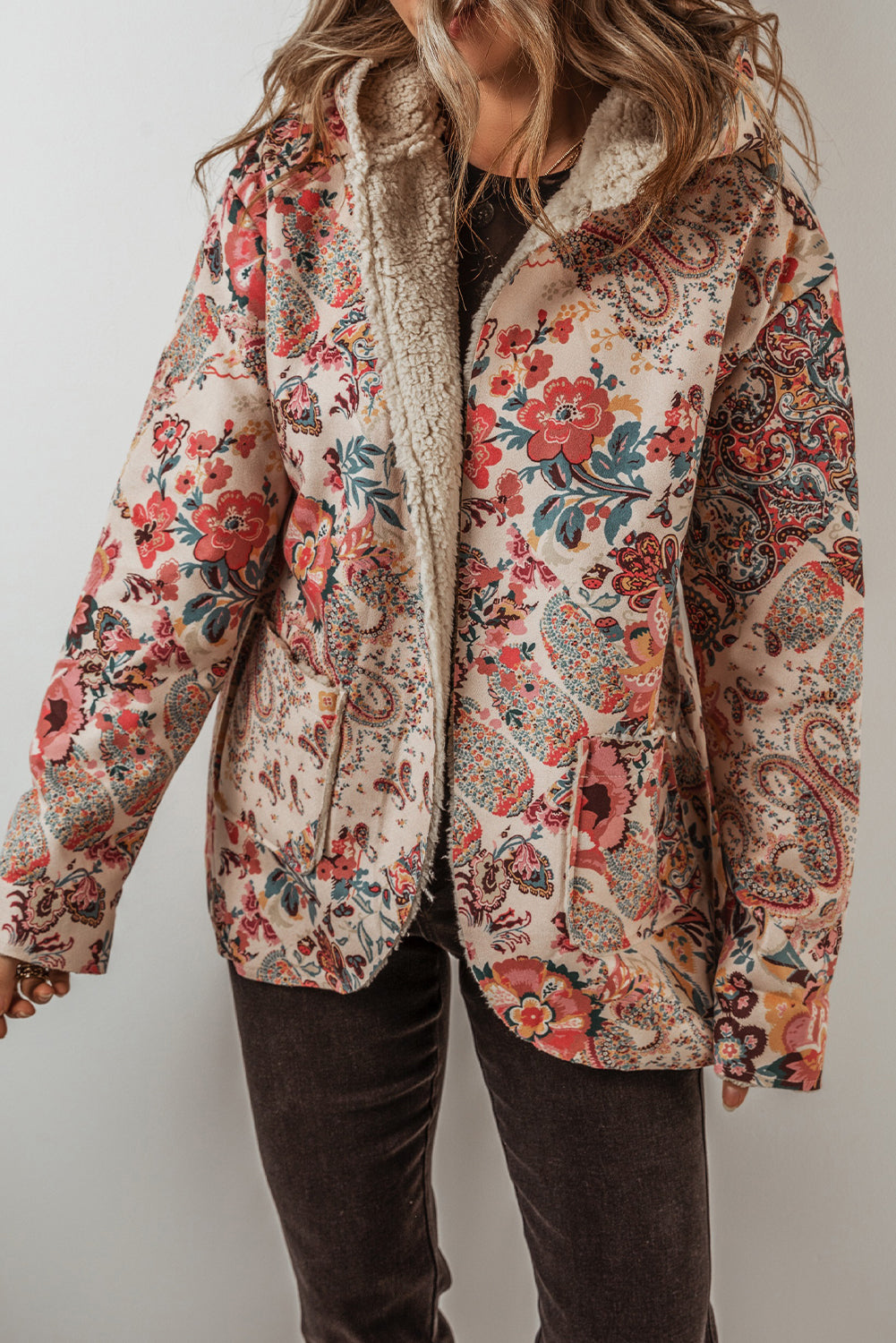Beige Floral Sherpa Lined Hooded Jacket