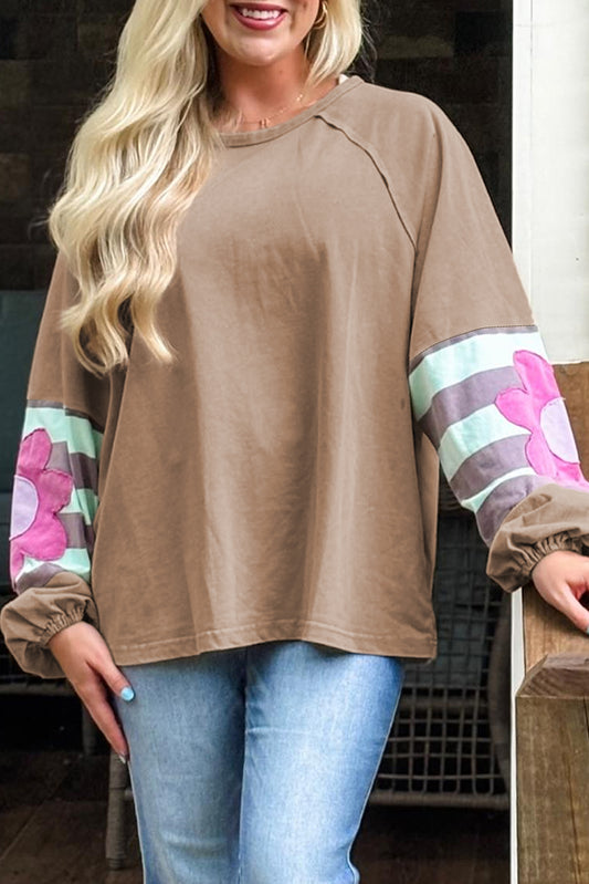 Beige Flower Striped Patchwork Sweatshirt